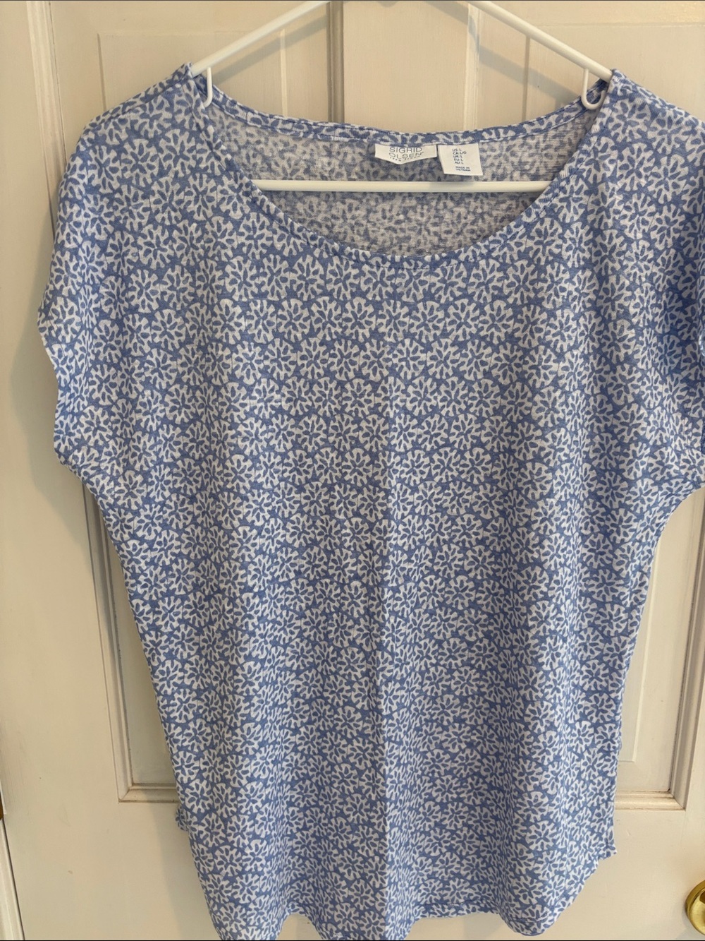 Sigrid Olsen Women's Short Sleeve linen Tee in Light Blue Floral Print large